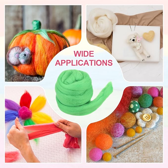 MECCANIXITY Wool Roving Yarn Soft Felting Wool 50g/1.76oz Pure Chunky Roving Yarn for Needle Felting Knitting Blanket Spinning Weaving Art DIY Craft Shine Green