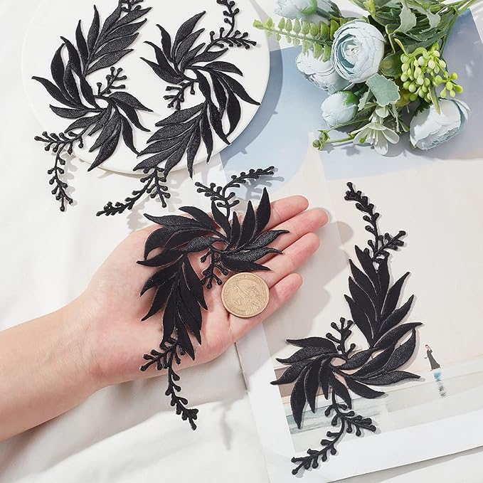 GORGECRAFT 2 Pairs 4PCS Leaf Iron Patches Big Embroidered Flowers Lace Applique Flowers Nature Patches Suitable for Clothes Dress Hat Pants Sewing Craft Decoration(Black)