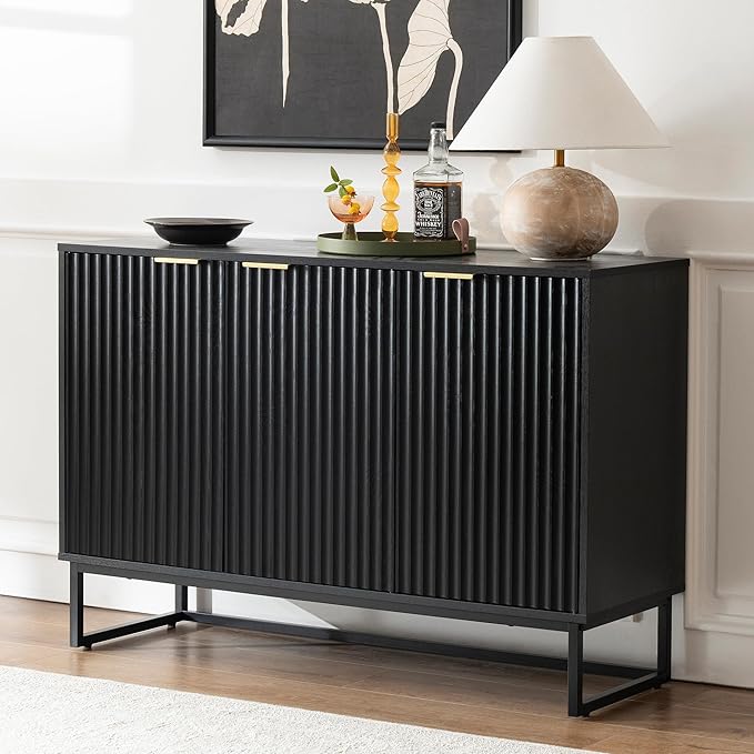 Fluted Storage Cabinet with 3 Doors, Sideboard Buffet Cabinets with Adjustable Shelves, Multifunctional Console Table with Storage Credenza for Living Room, Hallway, Black