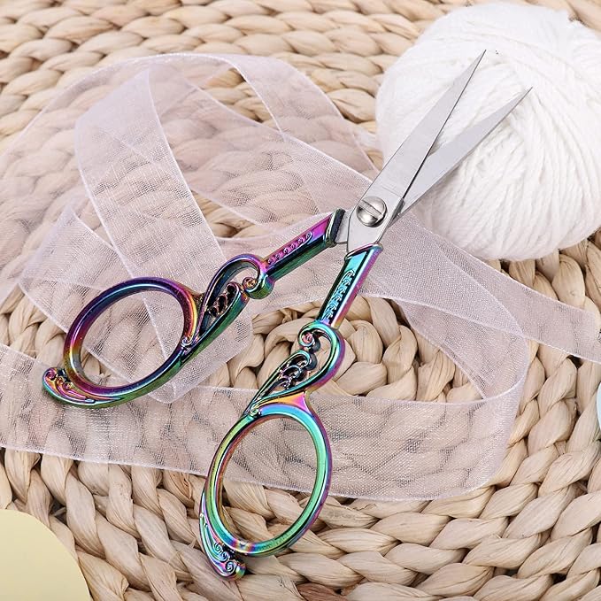 Detail Embroidery Scissors – Small Sharp Pointed Tip Shears for Sewing, Craft, Artwork, Needlework Yarn, Thread Snips, Handicraft DIY Tool, 4.5in Rainbow Vintage Style