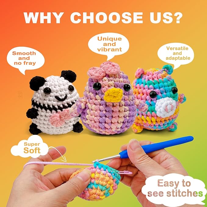 4x50g Beginner Crochet Yarn for Crocheting and Knitting; Beginner Easy Yarn kit with Tool Set (Rainbow+Strawberry+Lawngreen+Aqua, 4 Skein)