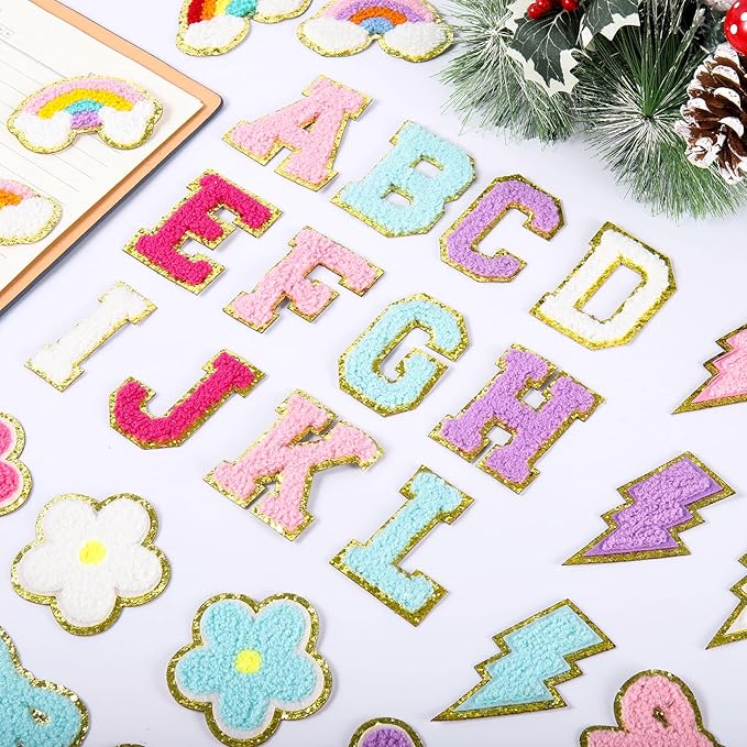 72 Pcs Preppy Chenille Patches Self Adhesive Embroidered for DIY Clothing,Include 52 A-Z Chenille Letter Patches Stickers,20 Rainbow Flower Lighting Bowknot Stick on Backpack Patches for Bags Hats