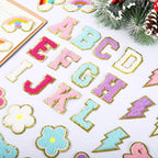 72 Pcs Preppy Chenille Patches Self Adhesive Embroidered for DIY Clothing,Include 52 A-Z Chenille Letter Patches Stickers,20 Rainbow Flower Lighting Bowknot Stick on Backpack Patches for Bags Hats