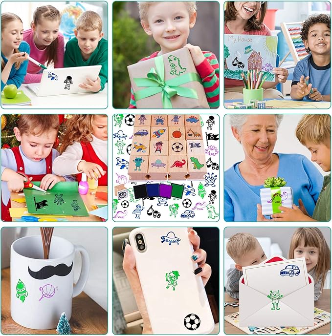 HOWAF 16pcs Wooden Stamps for Kids Boy Crafts with Ink Pad 4pcs, Dinosaur Football Outer Space Pirate Car Stamps for DIY Scrapbook Card Making, Party Bag Fillers Favor for Boys Christmas Birthday Gift