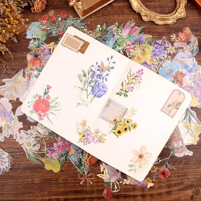 Dizdkizd Gilding Flower Stickers (240 Pieces) - Glitter Watercolor Transparent Stickers for Card Making Scrapbooking Envelopes Wrapped Gifts Arts and Crafts Journaling