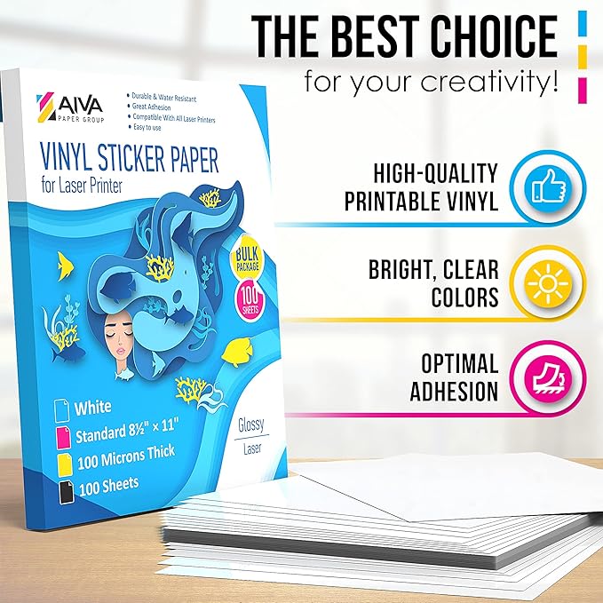 Printable Vinyl Sticker Paper for Laser Printer - Glossy White - 100 Self-Adhesive Sheets - Waterproof Decal Paper - Standard Letter Size 8.5"x11"