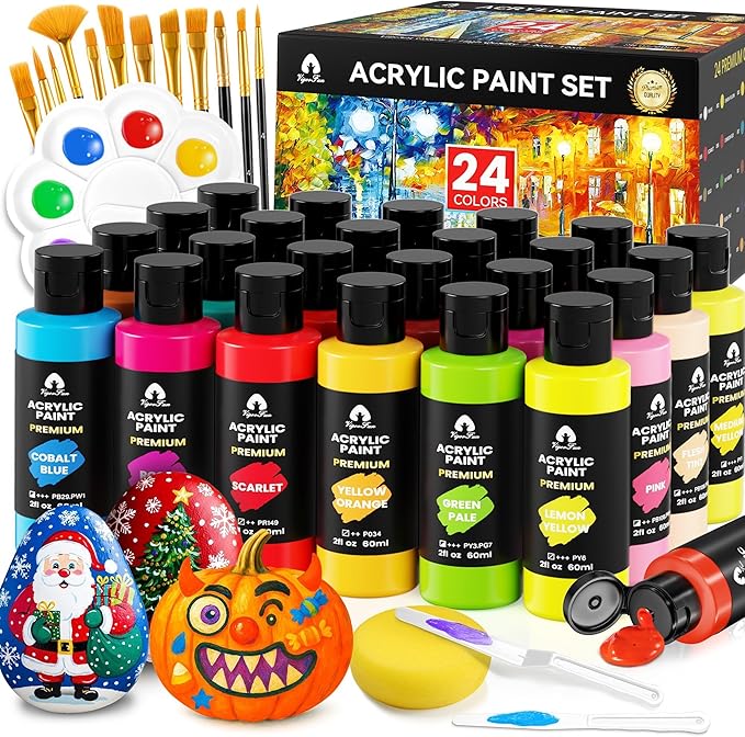 40 Pcs Acrylic Paint Set - 24 Colors (2oz/60ml) with 12 Brushes, 2 Knives & Palette - Rich Pigments for Adults, Kids, Artists & Beginners - Painting on Halloween Pumpkin Canvas Ceramic Rock Wood