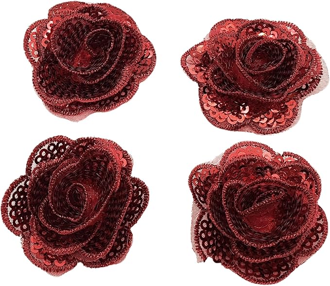 5 PC Rose Flower Sequins Lace Embroidery Patch Applique Trim Wedding Dress DIY Sewing Craft Clothes Applique, 1.6 Inch, Red