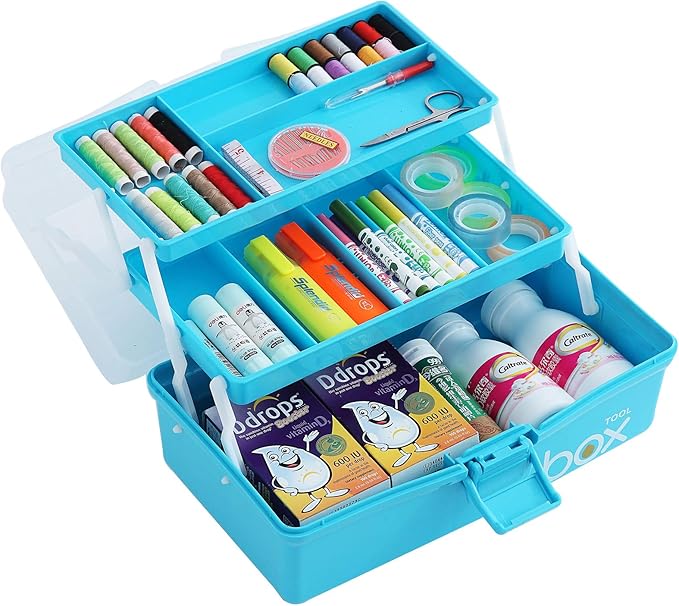 Sunxenze 12'' Three-Layer Clear Plastic Craft Storage Box, Tool Box/Sewing Box Organizer, Art Storage Box with Handle (Light Blue)