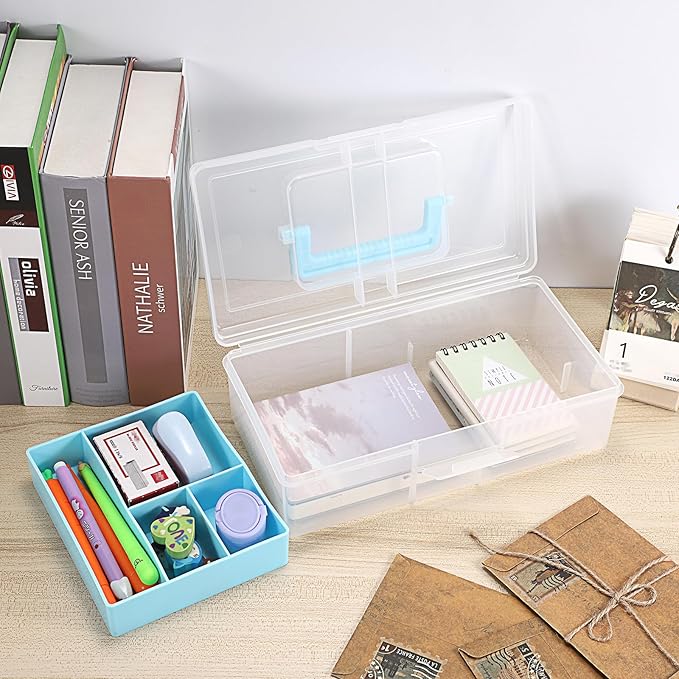 JUXYES 2 Pack Plastic Carry Storage Box with Removable Dividers, Clear Art Craft Supply Storage Bin Sewing Box with Handle Lid, 2 Layers Stationery Storage Case for School/Office Supplies Light Blue