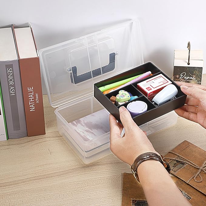 JUXYES Plastic Carry Storage Box with Removable Dividers, Clear Art Craft Supply Storage Bin Sewing Box With Handle Lid, 2 Layers Stationery Storage Case for School/Office Supplies