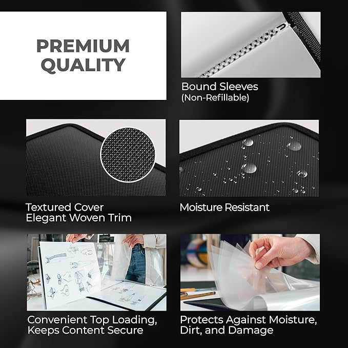 Dunwell 11x14 Art Portfolio Binder with Mounting Paper (Black), Large Portfolio Folder for Artwork Storage, 24 Sleeves Displays 48 Pages, 11 x 14 Presentation Book, Acid-Free Poly