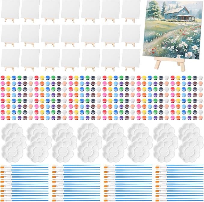 Qilery 24 Set 8 x 8 Inch Canvas Boards and Easel for Painting, Acrylic Paint Strips, Palettes, Brushes, Canvases Painting Kits for Kids Adults Artists Beginners Oil Acrylic Painting Party Favors