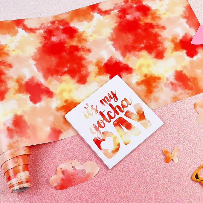 Tie Dye Permanent Vinyl Roll- 12'' x 8ft Orange Clouds Permanent Adhesive Vinyl for Mugs Decors Self Adhesive Sticker