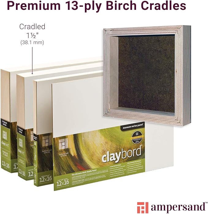 Ampersand Art Supply Wood Painting Panel: Museum Series Claybord, 8" x 8", 1-1/2"Cradled Profile