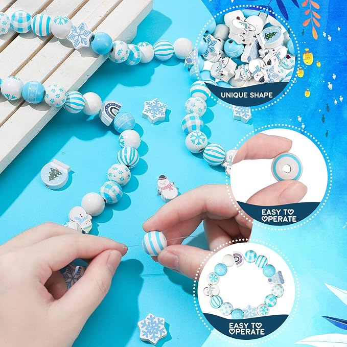 Huwena 200 Pcs Winter Wooden Snowflake Craft Beads Blue White Snowman Round Loose Spacer Beads with Holes for Christmas Winter Necklace Earring Jewelry Making Crafts DIY