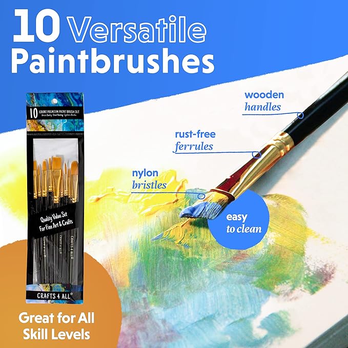 Crafts 4 All Acrylic Paint Brushes - Pack of 10 Professional, Wide and Fine Tip, Nylon Hair Artist Paintbrushes - Paintbrush Bulk Set for Watercolor, Canvas, Craft, Detail & Oil Painting
