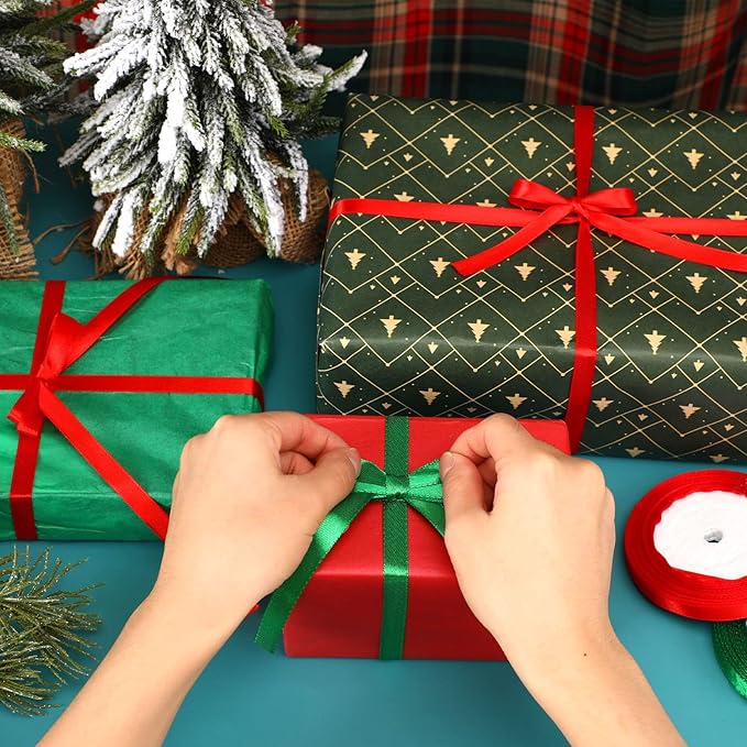 DECYOOL Christmas Ribbons, 4 Rolls 100 Yards 10mm Wide Holiday Satin Ribbons for Gift Wrapping and DIY Craft Christmas Party Home Decorations, Red & Green