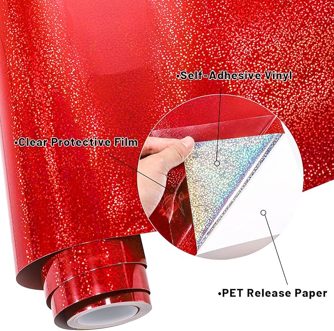 GIRAFVINYL Holographic Red Glitter Vinyl, -12” X 6ft Red Glitter Permanent Vinyl for Tumbler, Home and Car Decorations