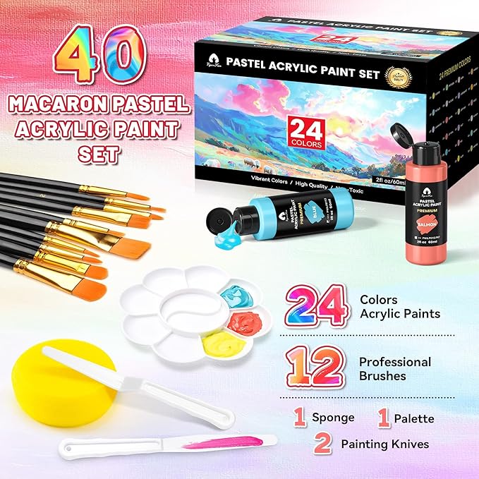 40 Pcs Pastel Acrylic Paint Set with 12 Brushes, 2 Knives & Palette, 24 Colors (2oz/60ml) - for Adults, Kids, Artists & Beginners - Canvas Ceramic Rock Wood Egg Painting Kit