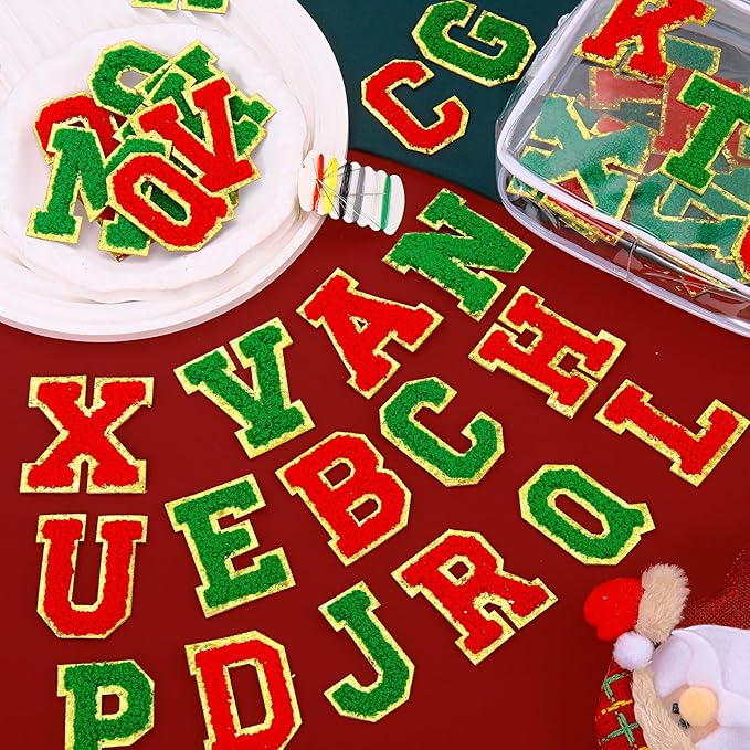 52 Pcs Red Green Christmas Patches Embroidered Chenille Letter Patches Self Adhesive for Clothing,A-Z Letter Stickers Sew on Repair Patches for Jackets Hats Backpacks