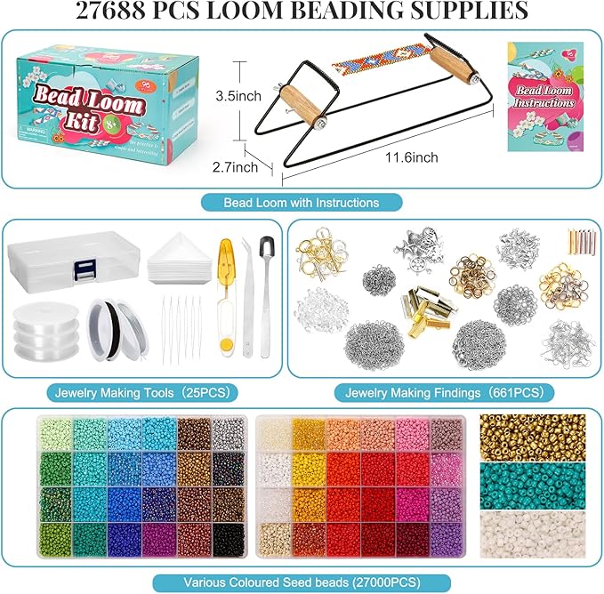 PP OPOUNT Value Bead Loom Kit, 27688 PCS Beading Supplies with 48 Color 3 mm Seed Beads, Beading Loom Kits for Adults Jewelry Making, Bracelets Belts, Earrings Belts