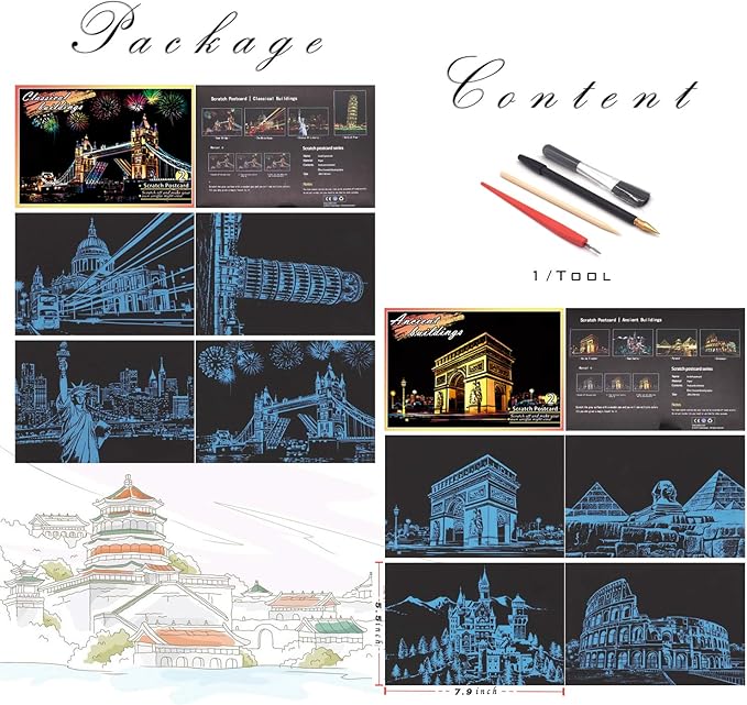 Scratch Rainbow Painting Art Postcards,Scratch & Sketch Art for Kids & Adults,Scratch Painting Creative Gift Engraving Art & Craft Set,Mini Envelope Postcard with 4 Tools,7.9''x5.5''(Classic Series)