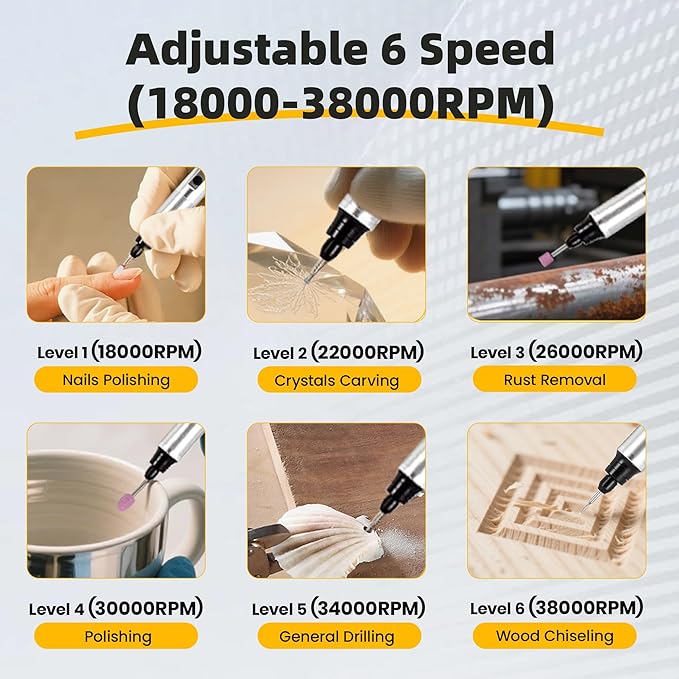 HARDELL Engraving Pen, 6 Speed, Rechargeable Engraver Pen for Artists & DIYers, Electric Engraving Tool with 41 Accessories, Engrave 60+ Surfaces, Engraving Pen for Metal, Wood, Glass and Plastic