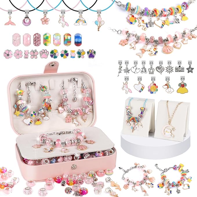 YJK Charm Bracelet Making Kit for Girls, for Aged 5 6 7 8 9 10 11 12 Year Old Girl Birthday Gift Ideas! Jewelry Making Kit for Girls 8-12, Bracelet Charms for Bracelet Making, Charm Necklace Kit