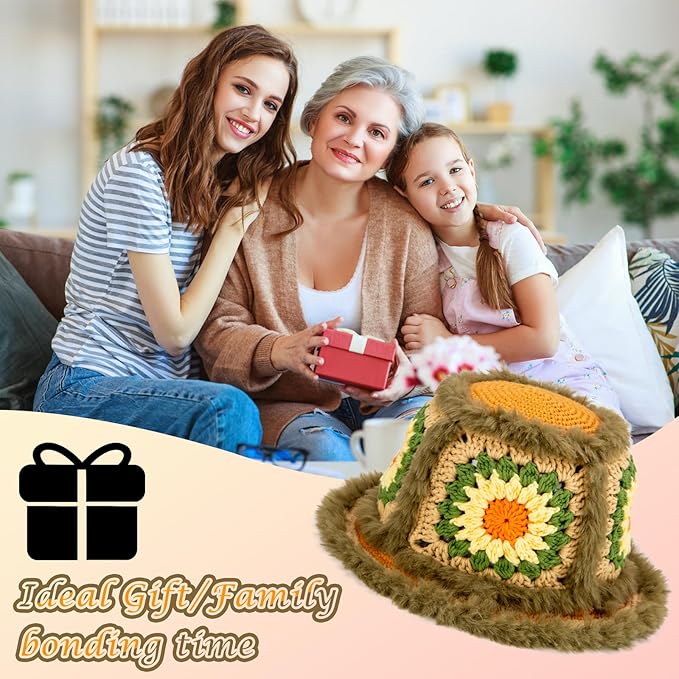 Noocro Crochet Kit for Beginners or Intermediate Level, Fuzzy Granny Square Bucket Hat, Step by Step Video Tutorial, Detailed Instruction Complete Kit Craft Supplies Holiday Gift (Olive Grove)