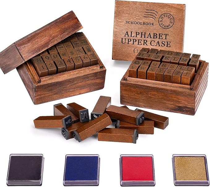 Letter Stamps, 56pcs Alphabet Stamps with Weeks and Weather, Number Stamps with Wooden Case, Vintage Symbol Wood Stamps with Ink Pads Rubber Stamps for Crafting, Card Making, Scrapbooking