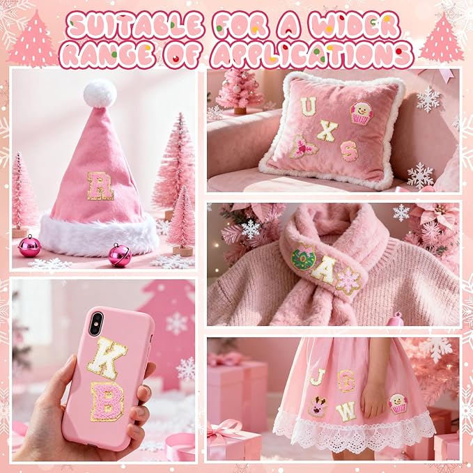 72 Pcs Pink Christmas Patches Chenille Christmas Letter Patches Self Adhesive Embroidered,Include 52 A-Z Letters Stick on Patch,20 Winter Cute Snowman Wreath Snowflake Stickers for Backpacks