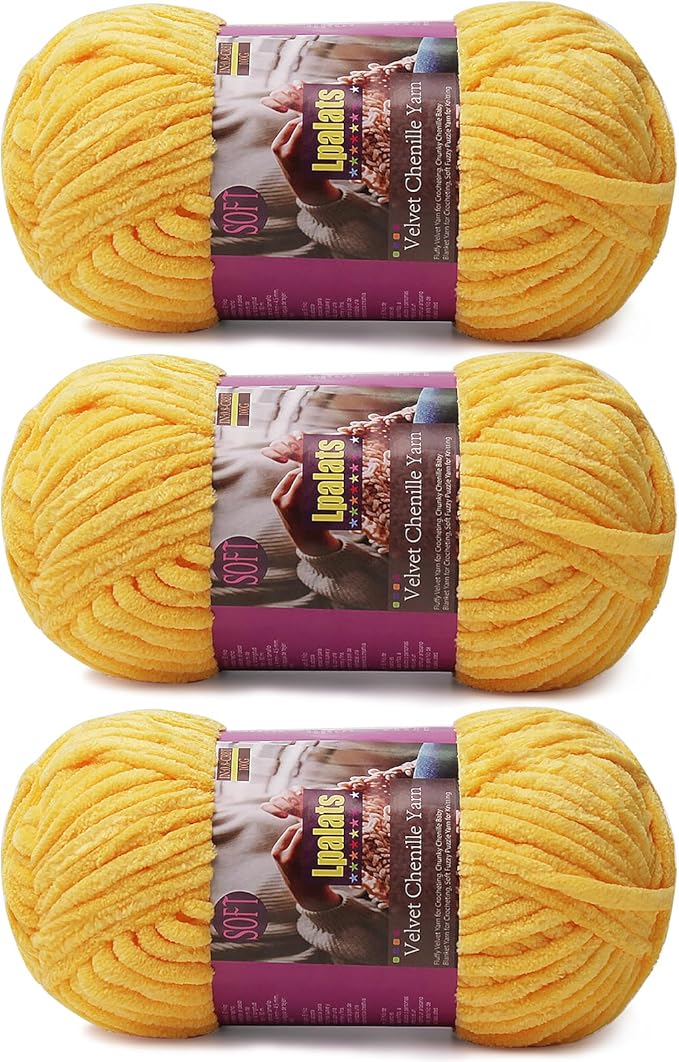 Chunky Chenille Yarn for Crocheting - 3x100g/3.5oz Baby Blanket Yarn for Crocheting Soft - 262 Yards Fluffy Thick Plush Yarns for Knitting Blankets Amigurumi (3, Golden Yellow)