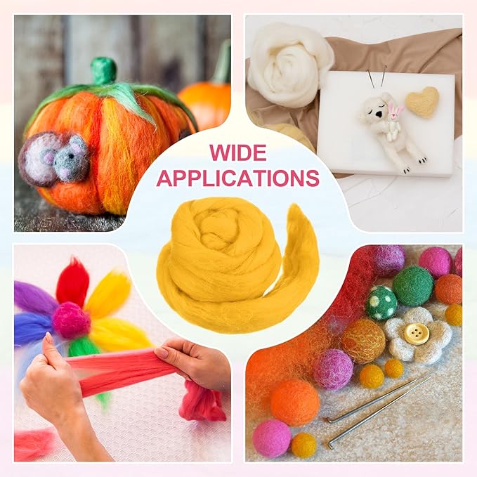 MECCANIXITY Wool Roving Yarn Soft Felting Wool 50g/1.76oz Pure Chunky Roving Yarn for Needle Felting Knitting Blanket Spinning Weaving Art DIY Craft Yellow