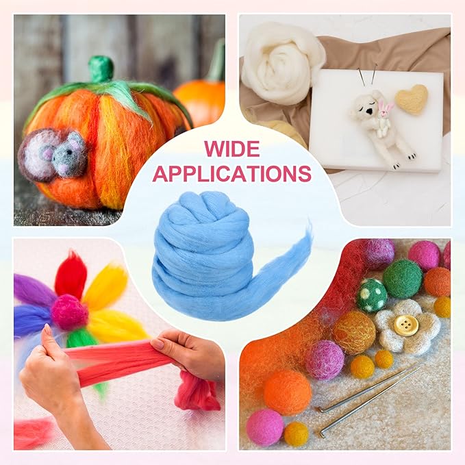 MECCANIXITY Wool Roving Yarn Soft Felting Wool 50g/1.76oz Pure Chunky Roving Yarn for Needle Felting Knitting Blanket Spinning Weaving Art DIY Craft Shine Blue