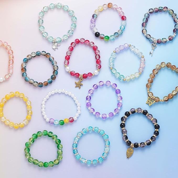 Glass Beads Bracelet Making Kit, 20 Colors 8mm Crackle Glass Beads for Jewelry Making, Crystal Glass Round Beads Friendship Bracelet kit for DIY Crafts Gifts