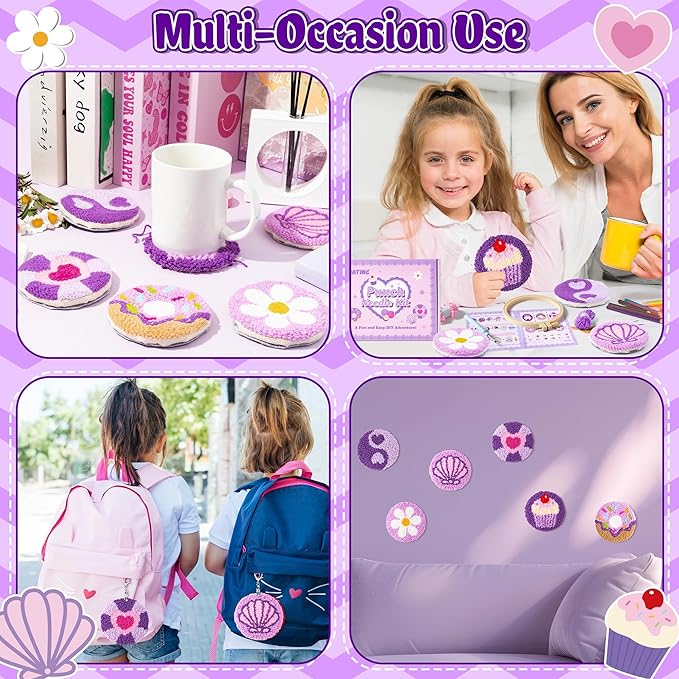 WATINC Christmas Punch Needle Coaster Kits - 23Pcs Easy Art Work Decor Craft Supply for Beginners, DIY Set of 6 Pattern Tufted Pads with Adhesive Felt Yarns Tools Instruction Customized Boxes (Purple)