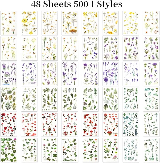 722 Pieces Pressed Flower Stickers for Crafts (Assorted 722 Pieces,48 Sheets) Flower Sticker for Crafts for Resin Dried Floral Sticker Cute Scrapbook Craft Stickers for DIY Journal Notebook
