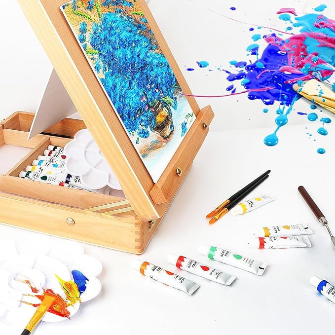 WOWOSS Tabletop Art Easel Box Set, 40PCS Painting Kit for Adult Artists & Beginners, Easel Stand with 24 Acrylic Paints, 3 Canvas Panels, Brushes, for Indoor & Outdoor Use, Painting & Sketching