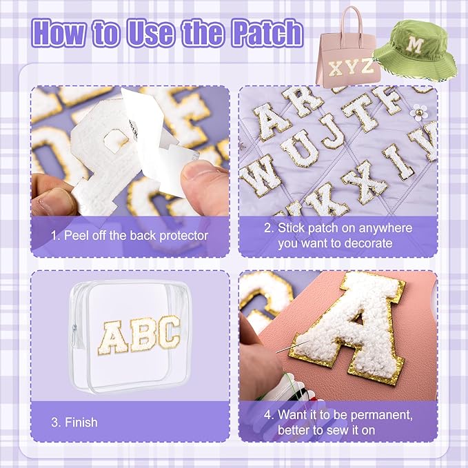 52 Pcs White Chenille Letter Patches Self Adhesive for Clothing,A-Z Varsity Letter Stickers Embroidered Sew on Repair Patches for Jackets Hats Backpack