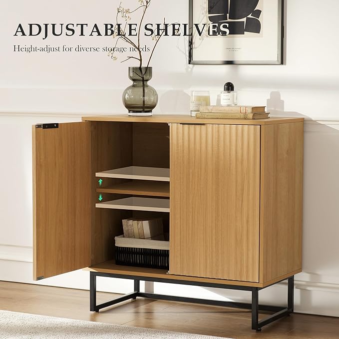 Fluted Storage Cabinet Set of 2, Sideboard Buffet Cabinet with Adjustable Shelves, Multifunctional Console Table with Storage Credenza for Living Room, Dining Room, Natural Oak