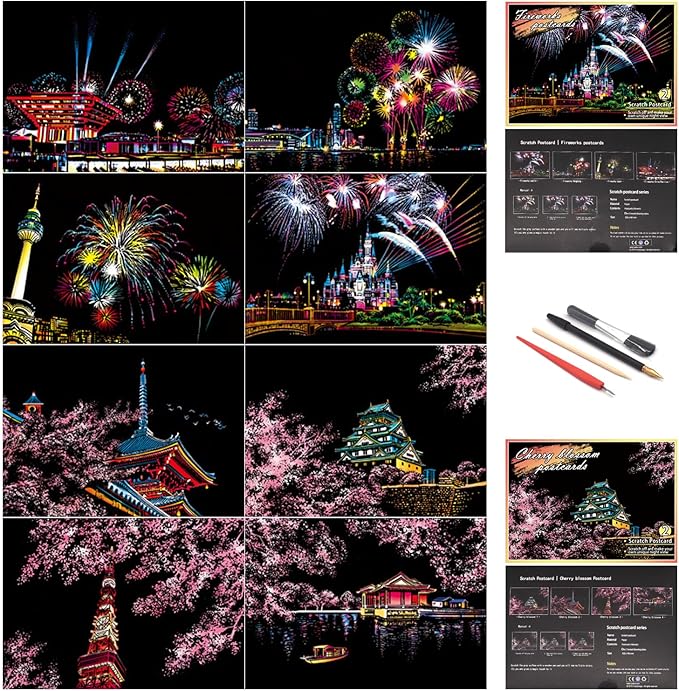 Scratch Rainbow Painting Art Postcards,Scratch & Sketch Art for Kids & Adults,Scratch Painting Creative Gift Engraving Art & Craft Set,Mini Envelope Postcard with 4 Tools,7.9''x5.5''（8 Pack）