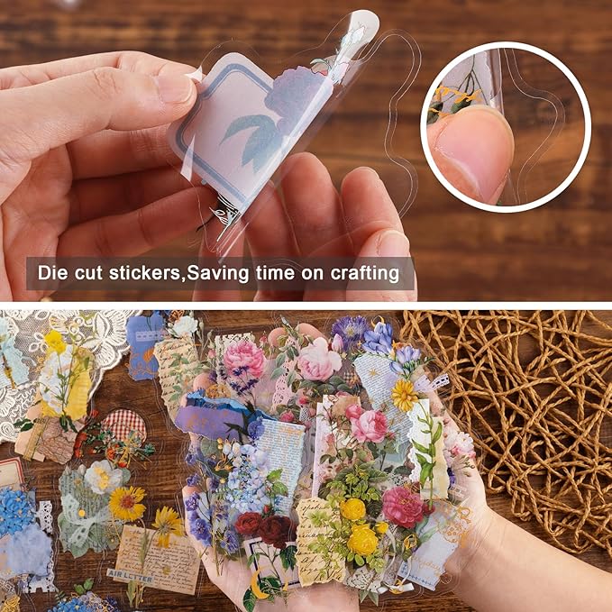 Dizdkizd Die Cut Gold Foil Floral Stickers (180 Pieces), Transparent Aesthetics Sticker Set Vintage Flower Decals for Scrapbooking Card Making Journaling Paper Crafting