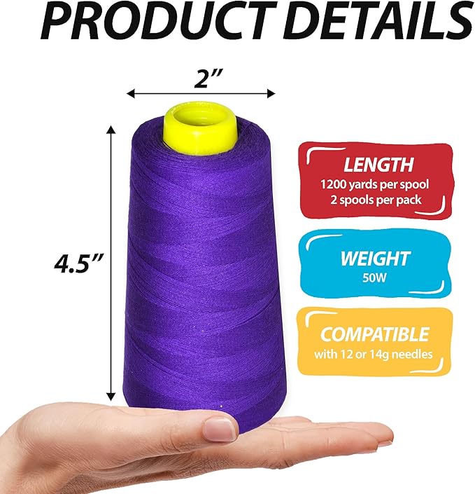 Mandala Crafts Violet Thread Cones for Machine and Hand Quilting - 2400 Yds 50 WT Multiple Purpose Mercerized 100% Cotton Threads for Sewing Machine Serger Embroidery