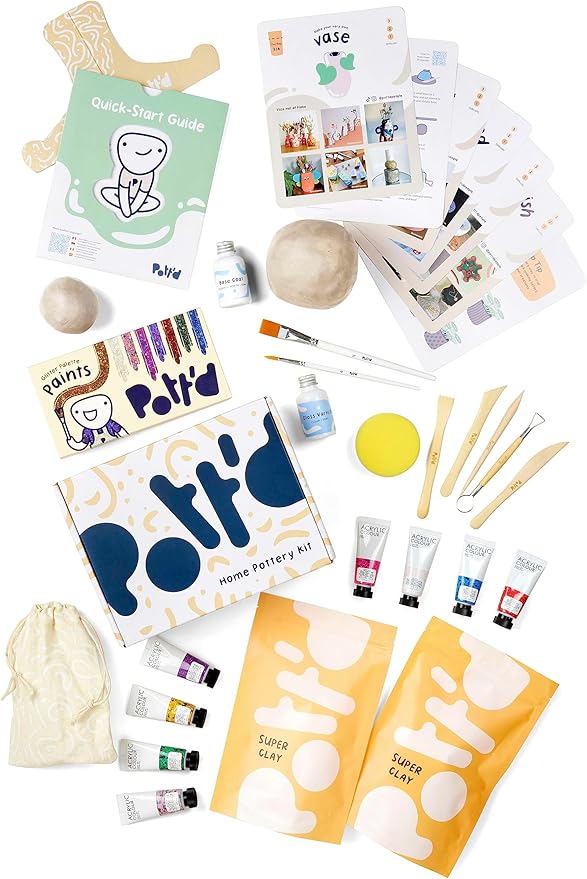 Pott'd Air Dry Clay for Adults - Beginner's Home Pottery Kit. Includes: Air-Dry Clay, Tools, Paints, Brushes, Sealant, How-to-Guides