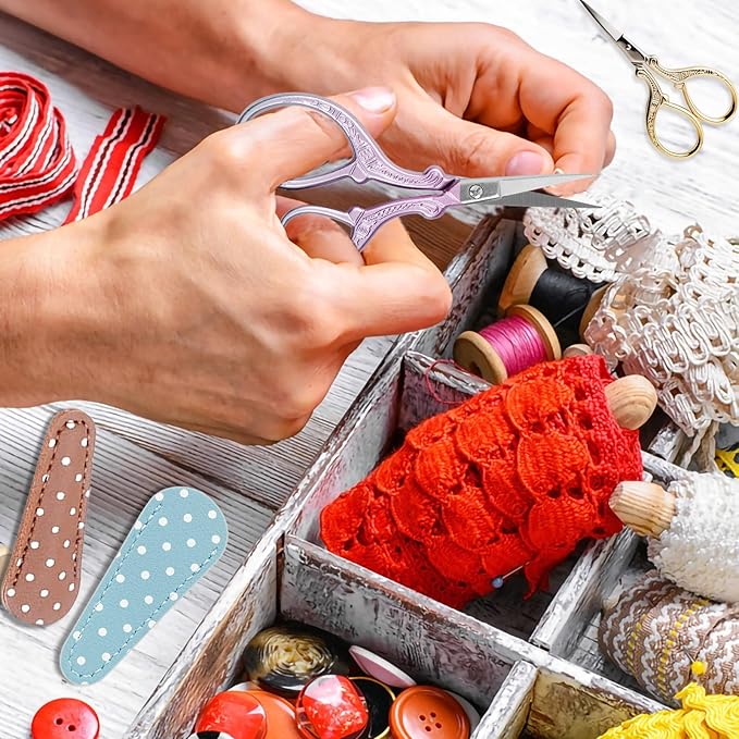 BIHRTC 6Pairs 3.6inch Small Crochet Scissors with Leather Cover Stainless Steel Scissors DIY Tools Dressmaker Small Shears for Sewing Crafting Art Work Threading Needlework Knitting