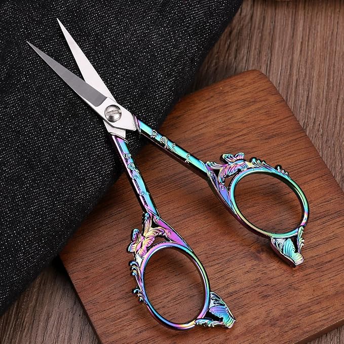 Sewing Embroidery Scissors – Small Vintage Sharp Detail Shears for Craft, Artwork, Needlework Yarn, Handicraft DIY Tool, Thread Snips, 4.7in Rainbow Butterfly Style