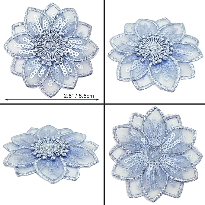 BETITETO 20pcs Embroidery Flower Lace Applique Exquisite 3D Sequins Organza Floral Sew On Patches for Wedding Bridal Dress Clothes Headpieces Sewing Craft DIY (Blue)