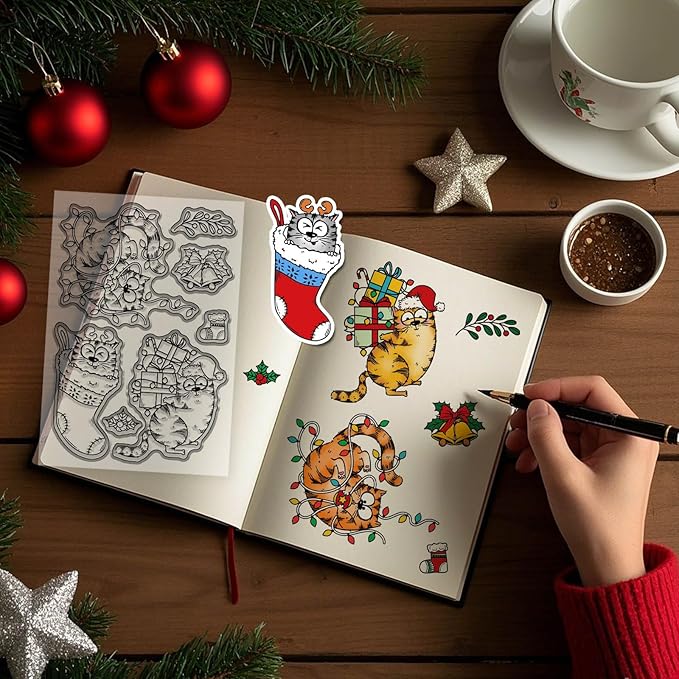 GLOBLELAND Christmas Comic Cat Clear Stamp for Card Making Cartoon Cats Silicone Stamps Christmas Stockings Transparent Stamp for DIY Scrapbooking Embossing Journaling