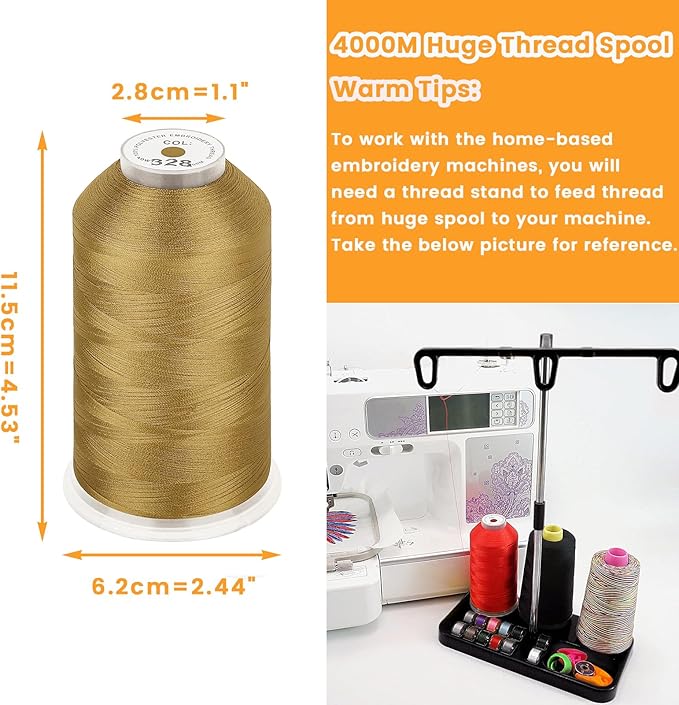 New brothread - Single Huge Spool 4000M Each Polyester Embroidery Machine Thread 40WT for Commercial and Domestic Machines - Brass